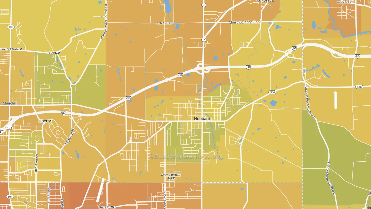 Map of the best neighborhoods in the 44425 area, with better matches in green and worse matches in red