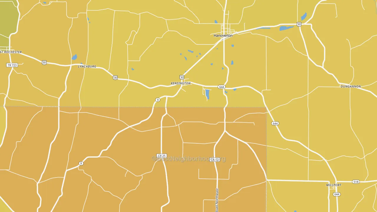 Map of the best neighborhoods in the 44427 area, with better matches in green and worse matches in red