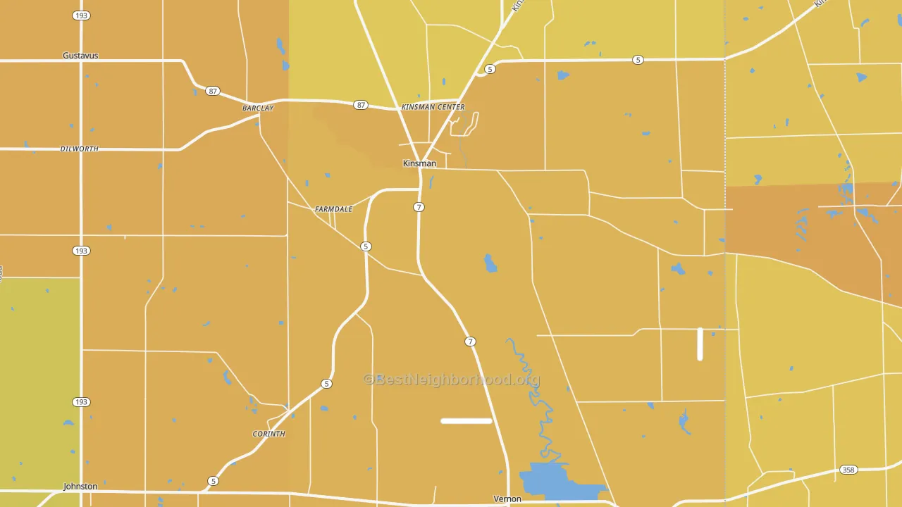 Map of the best neighborhoods in the 44428 area, with better matches in green and worse matches in red
