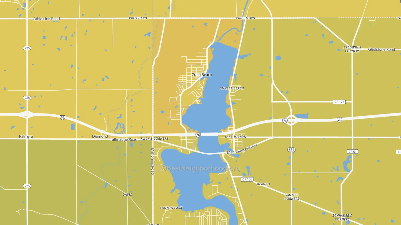 Map of the best neighborhoods in the 44429 area, with better matches in green and worse matches in red