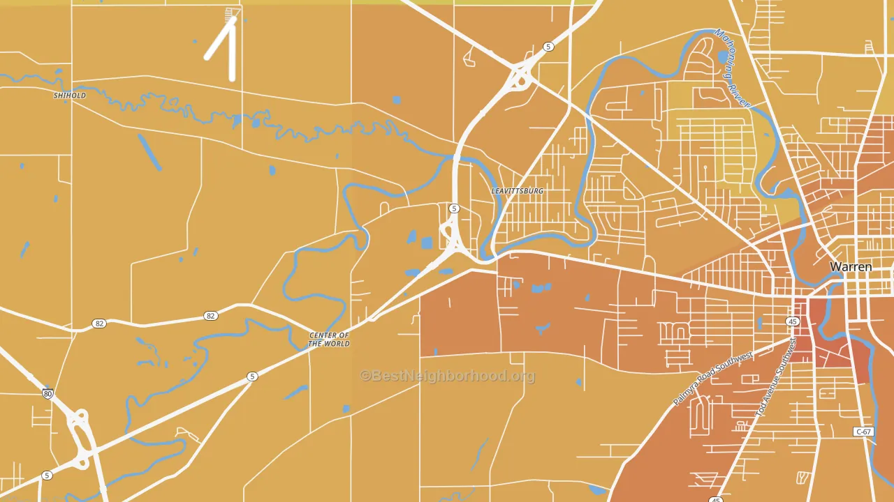 Map of the best neighborhoods in the 44430 area, with better matches in green and worse matches in red