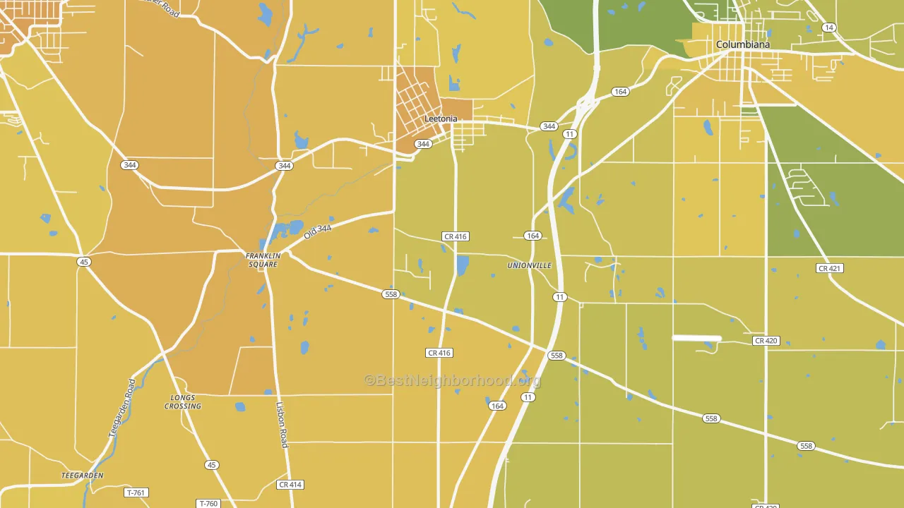 Map of the best neighborhoods in the 44431 area, with better matches in green and worse matches in red