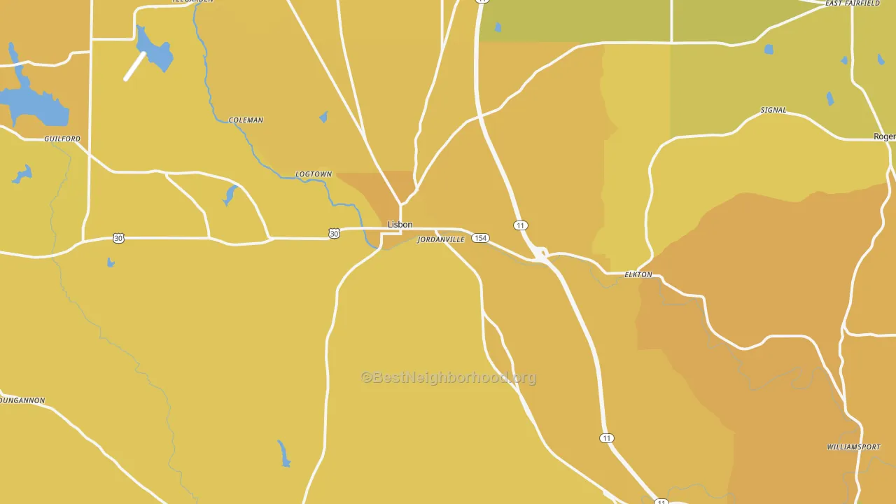 Map of the best neighborhoods in the 44432 area, with better matches in green and worse matches in red