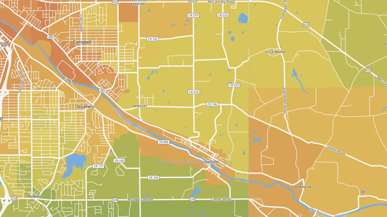 Map of the best neighborhoods in the 44436 area, with better matches in green and worse matches in red
