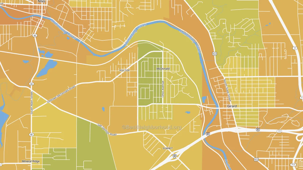 Map of the best neighborhoods in the 44437 area, with better matches in green and worse matches in red