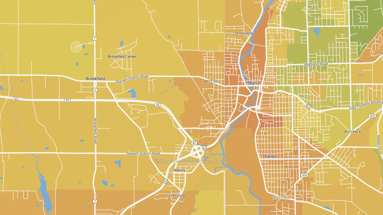 Map of the best neighborhoods in the 44438 area, with better matches in green and worse matches in red