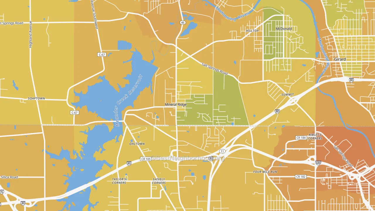 Map of the best neighborhoods in the 44440 area, with better matches in green and worse matches in red