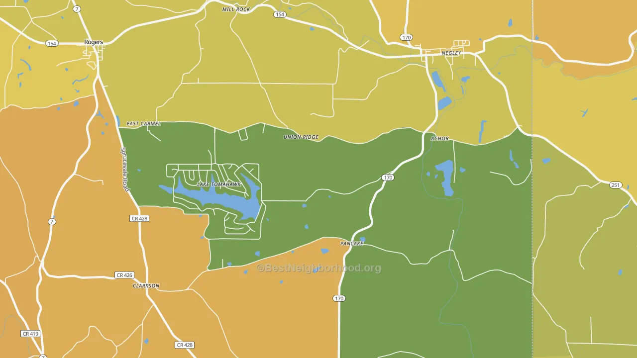 Map of the best neighborhoods in the 44441 area, with better matches in green and worse matches in red