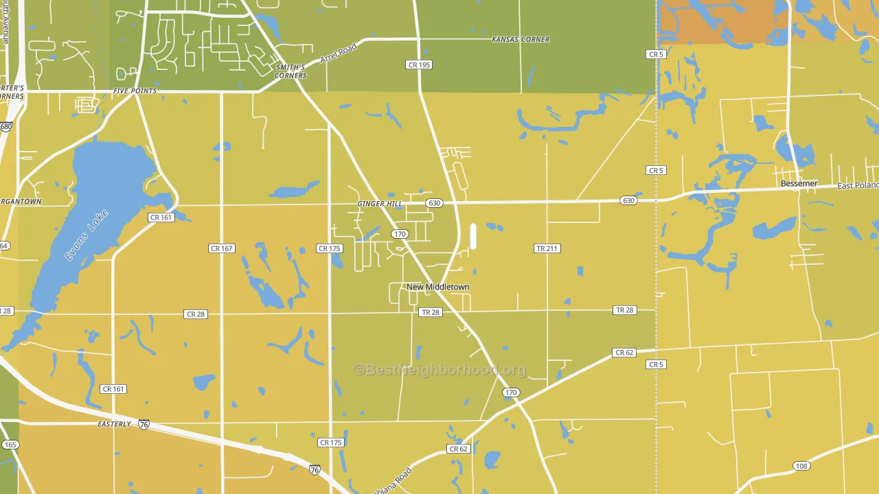 Map of the best neighborhoods in the 44442 area, with better matches in green and worse matches in red