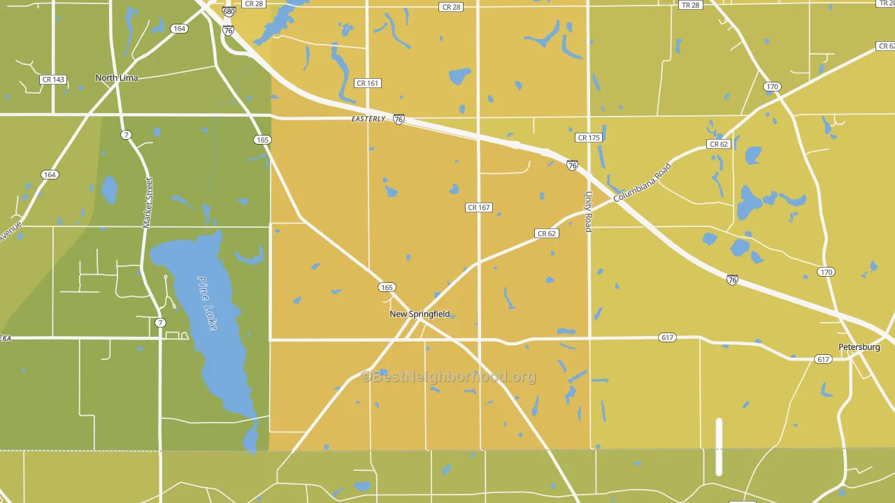 Map of the best neighborhoods in the 44443 area, with better matches in green and worse matches in red
