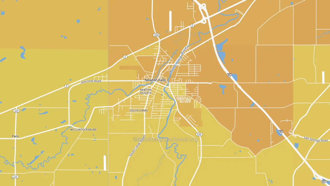 Map of the best neighborhoods in the 44444 area, with better matches in green and worse matches in red
