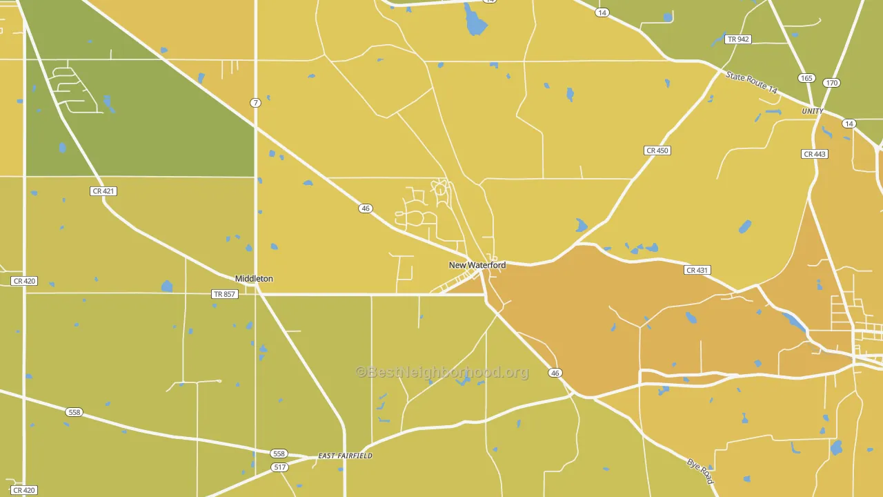 Map of the best neighborhoods in the 44445 area, with better matches in green and worse matches in red