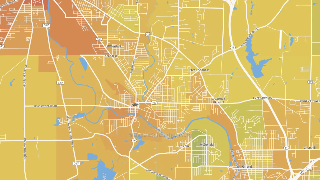Map of the best neighborhoods in the 44446 area, with better matches in green and worse matches in red