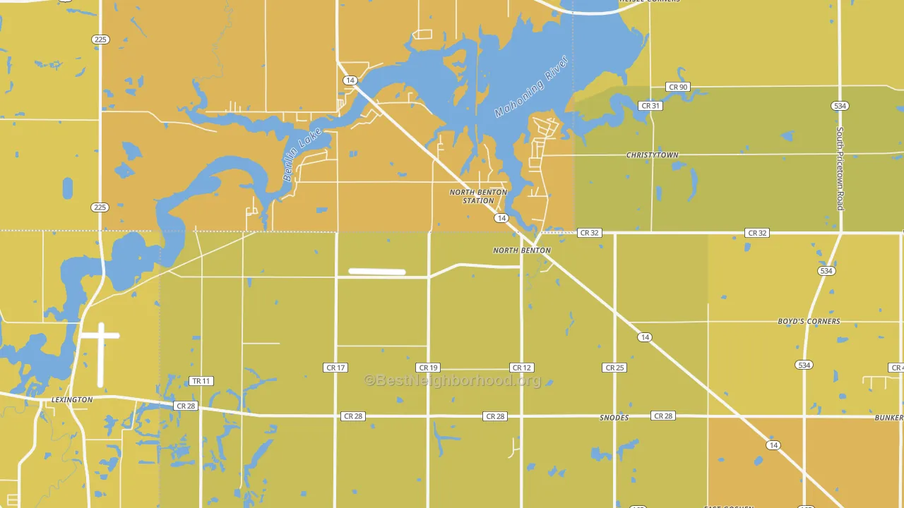Map of the best neighborhoods in the 44449 area, with better matches in green and worse matches in red