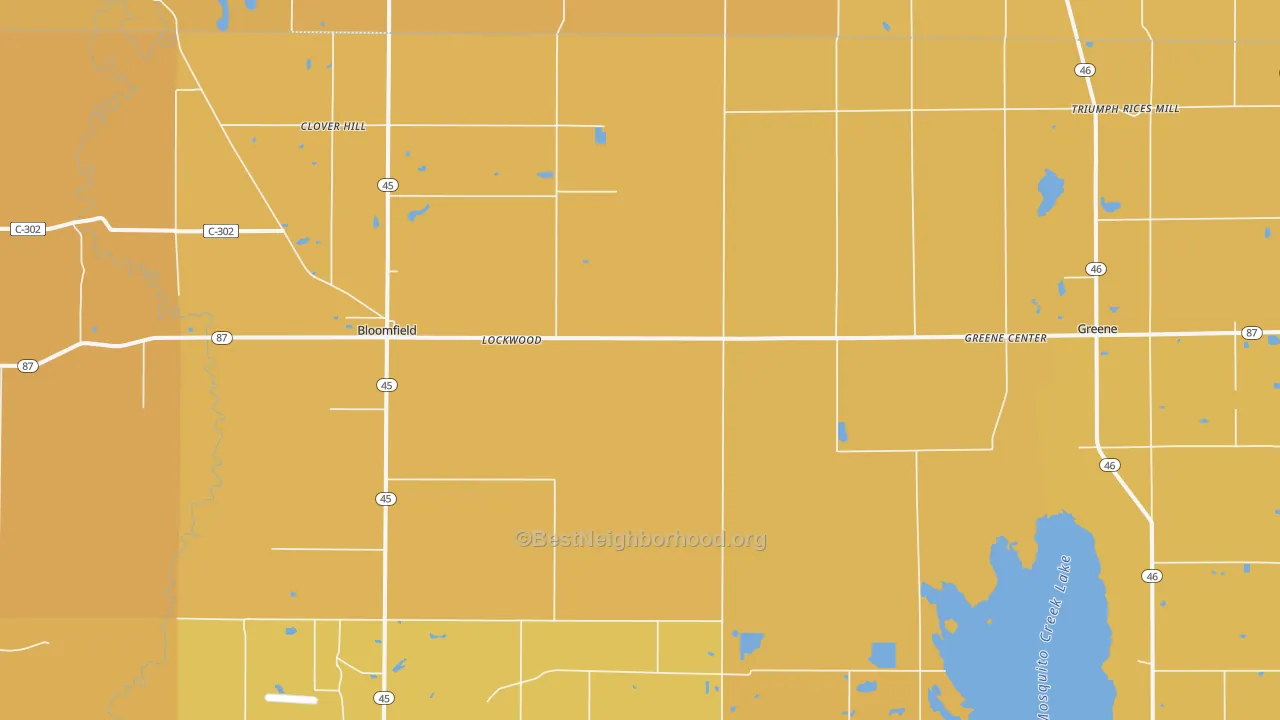 Map of the best neighborhoods in the 44450 area, with better matches in green and worse matches in red
