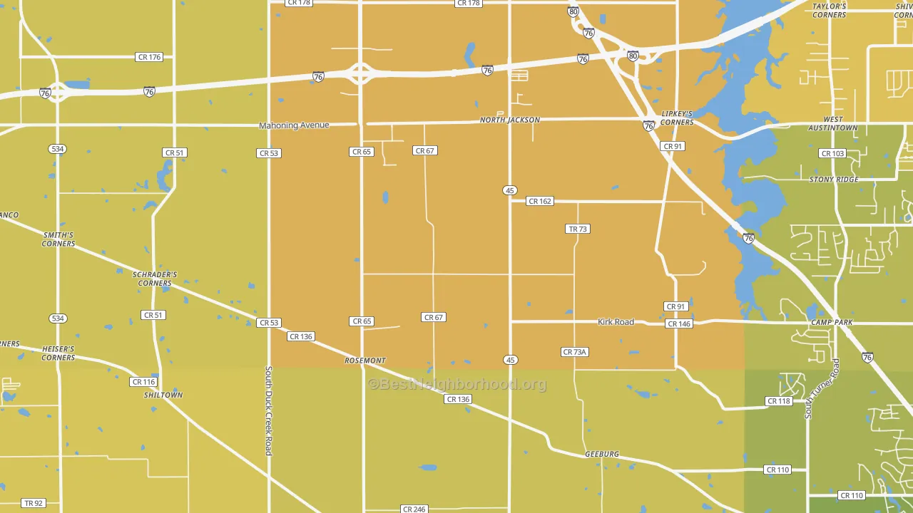 Map of the best neighborhoods in the 44451 area, with better matches in green and worse matches in red