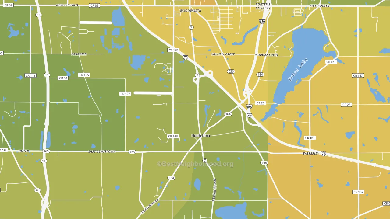 Map of the best neighborhoods in the 44452 area, with better matches in green and worse matches in red