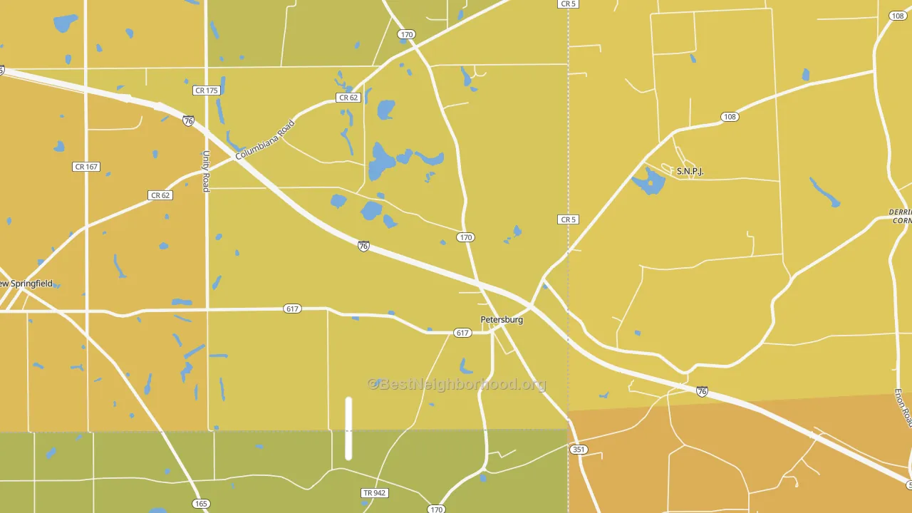 Map of the best neighborhoods in the 44454 area, with better matches in green and worse matches in red