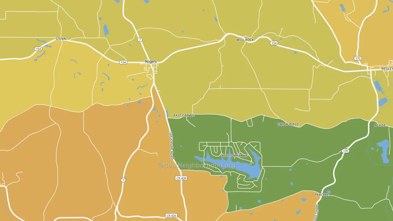 Map of the best neighborhoods in the 44455 area, with better matches in green and worse matches in red