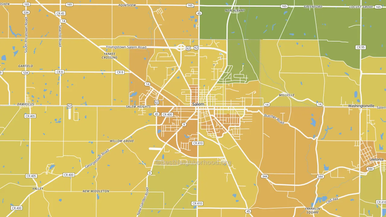 Map of the best neighborhoods in the 44460 area, with better matches in green and worse matches in red