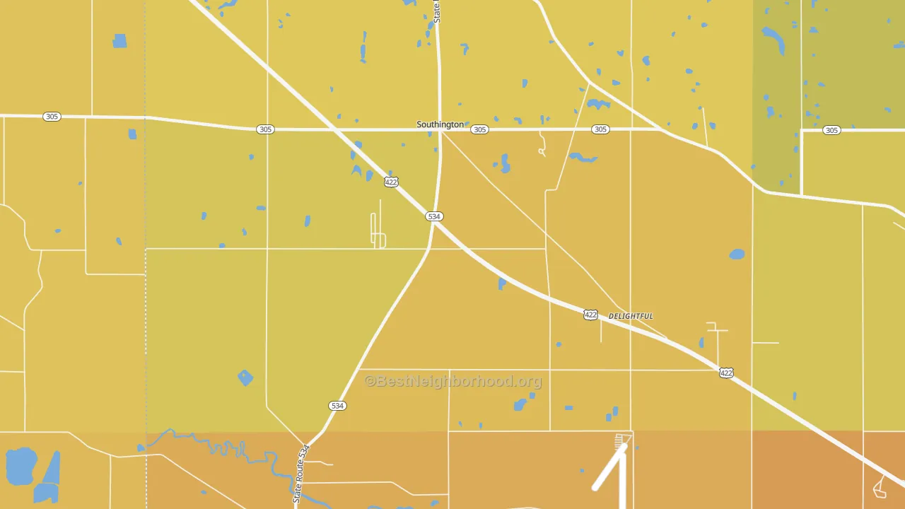 Map of the best neighborhoods in the 44470 area, with better matches in green and worse matches in red