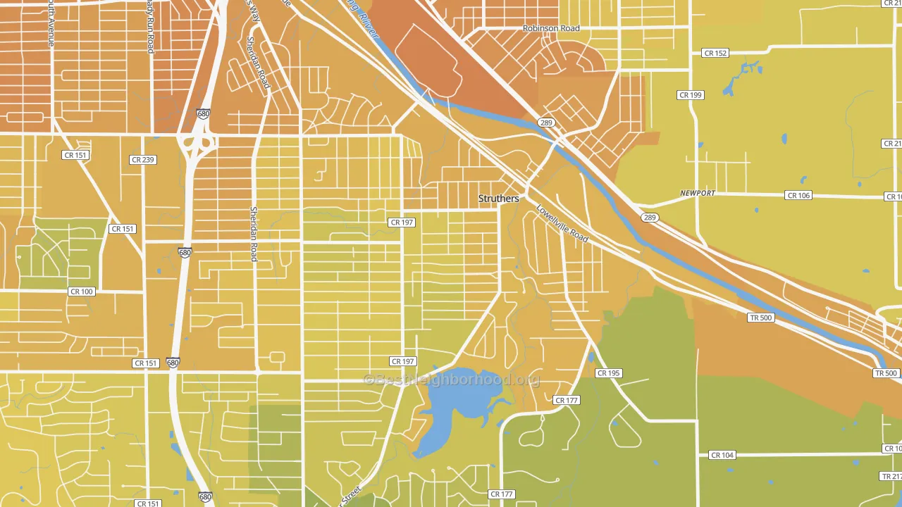 Map of the best neighborhoods in the 44471 area, with better matches in green and worse matches in red
