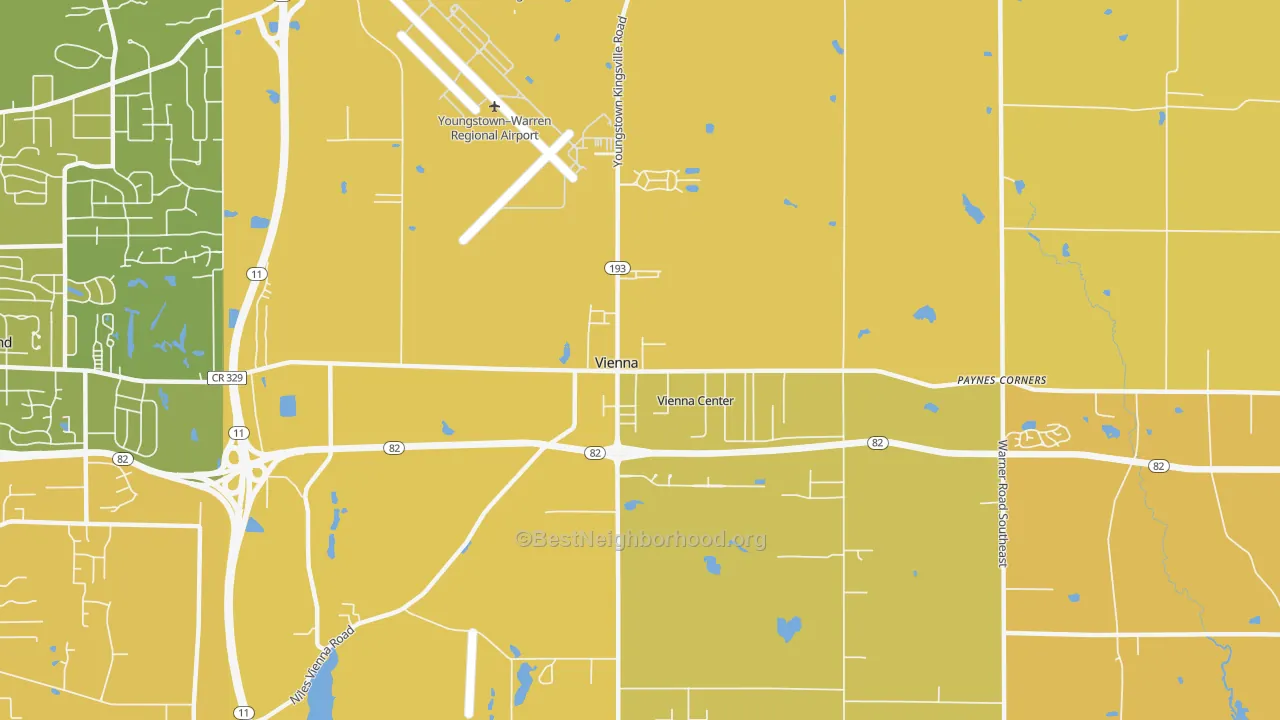 Map of the best neighborhoods in the 44473 area, with better matches in green and worse matches in red
