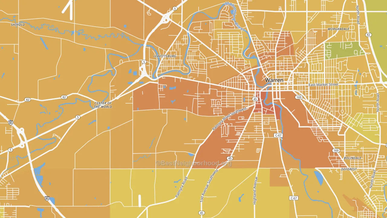 Map of the best neighborhoods in the 44481 area, with better matches in green and worse matches in red
