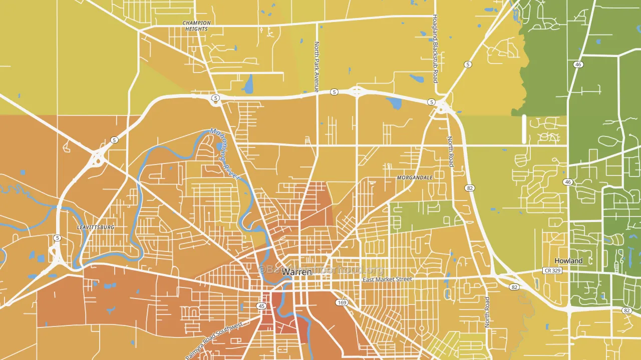 Map of the best neighborhoods in the 44483 area, with better matches in green and worse matches in red