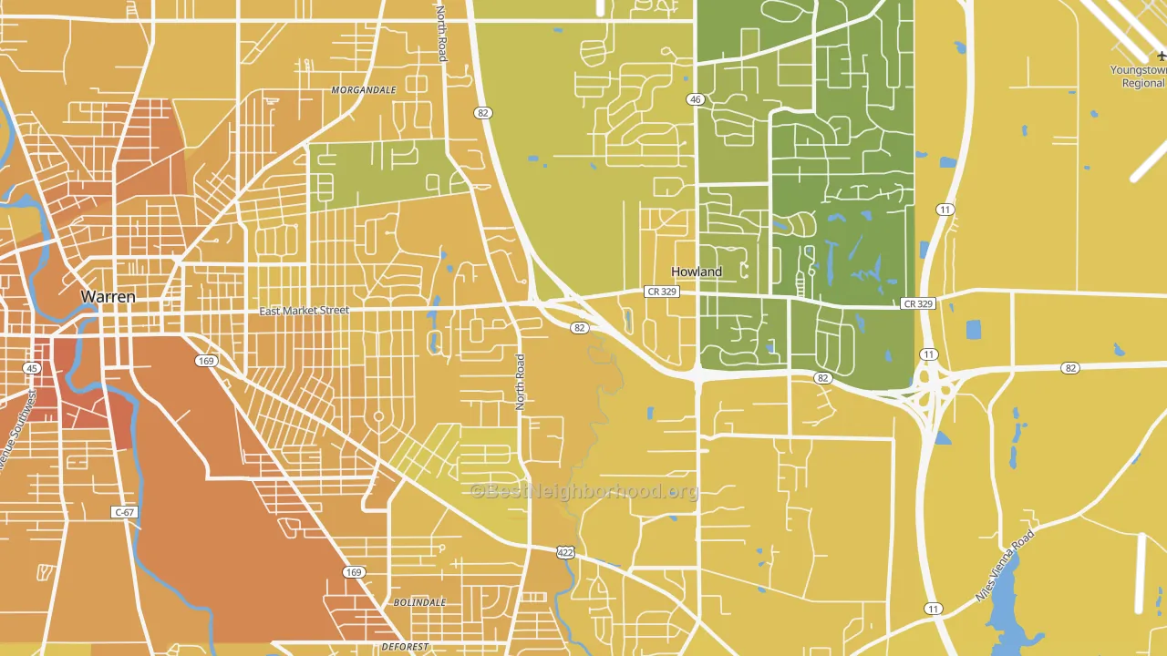 Map of the best neighborhoods in the 44484 area, with better matches in green and worse matches in red