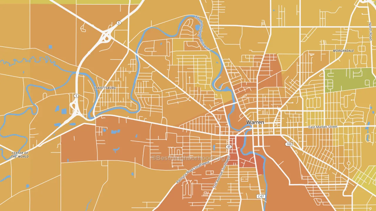 Map of the best neighborhoods in the 44485 area, with better matches in green and worse matches in red