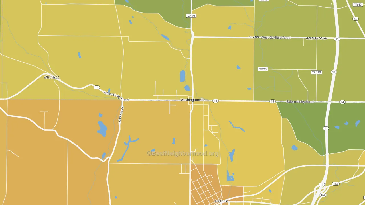 Map of the best neighborhoods in the 44490 area, with better matches in green and worse matches in red
