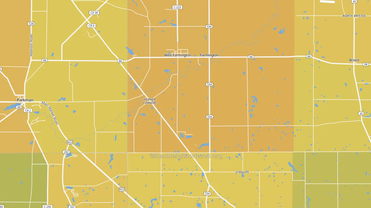 Map of the best neighborhoods in the 44491 area, with better matches in green and worse matches in red