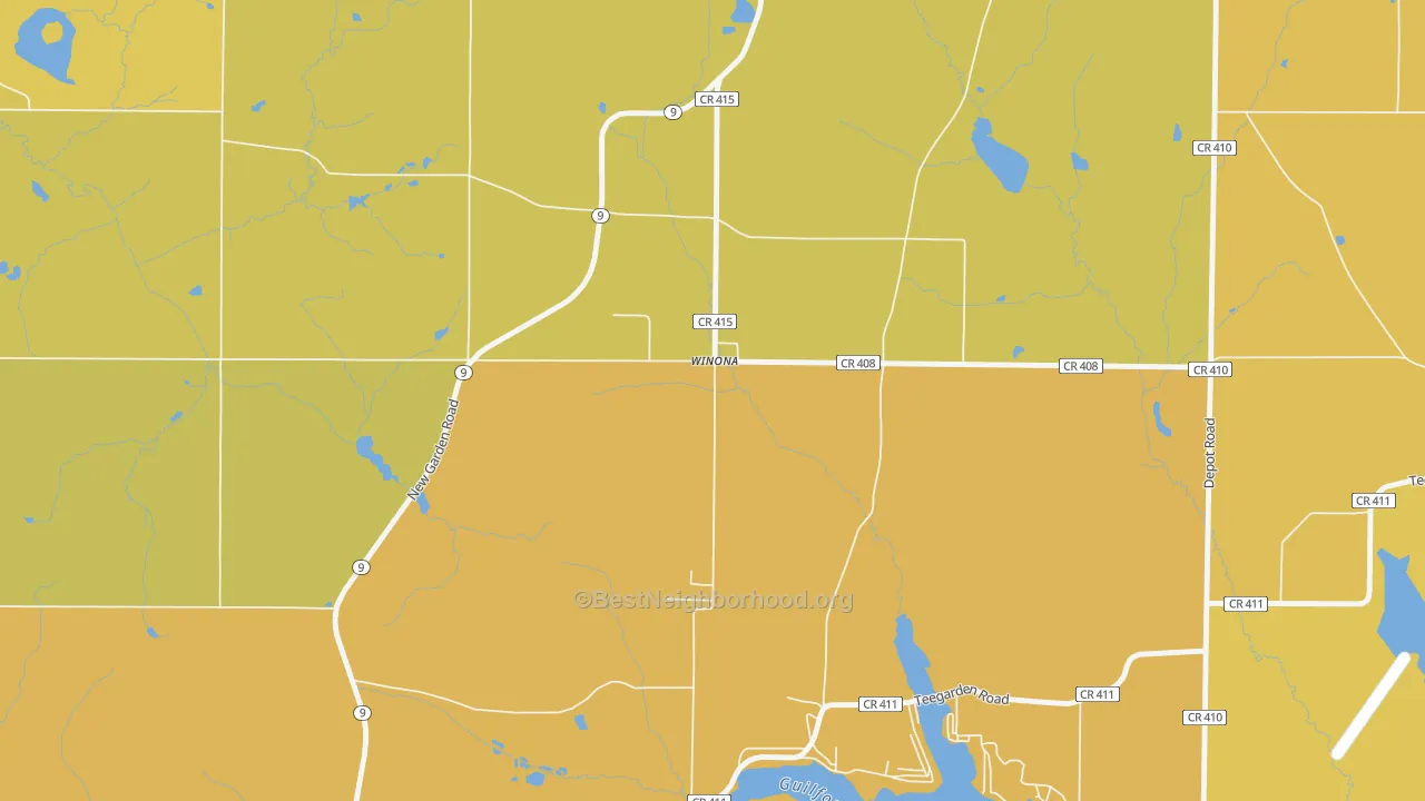 Map of the best neighborhoods in the 44493 area, with better matches in green and worse matches in red