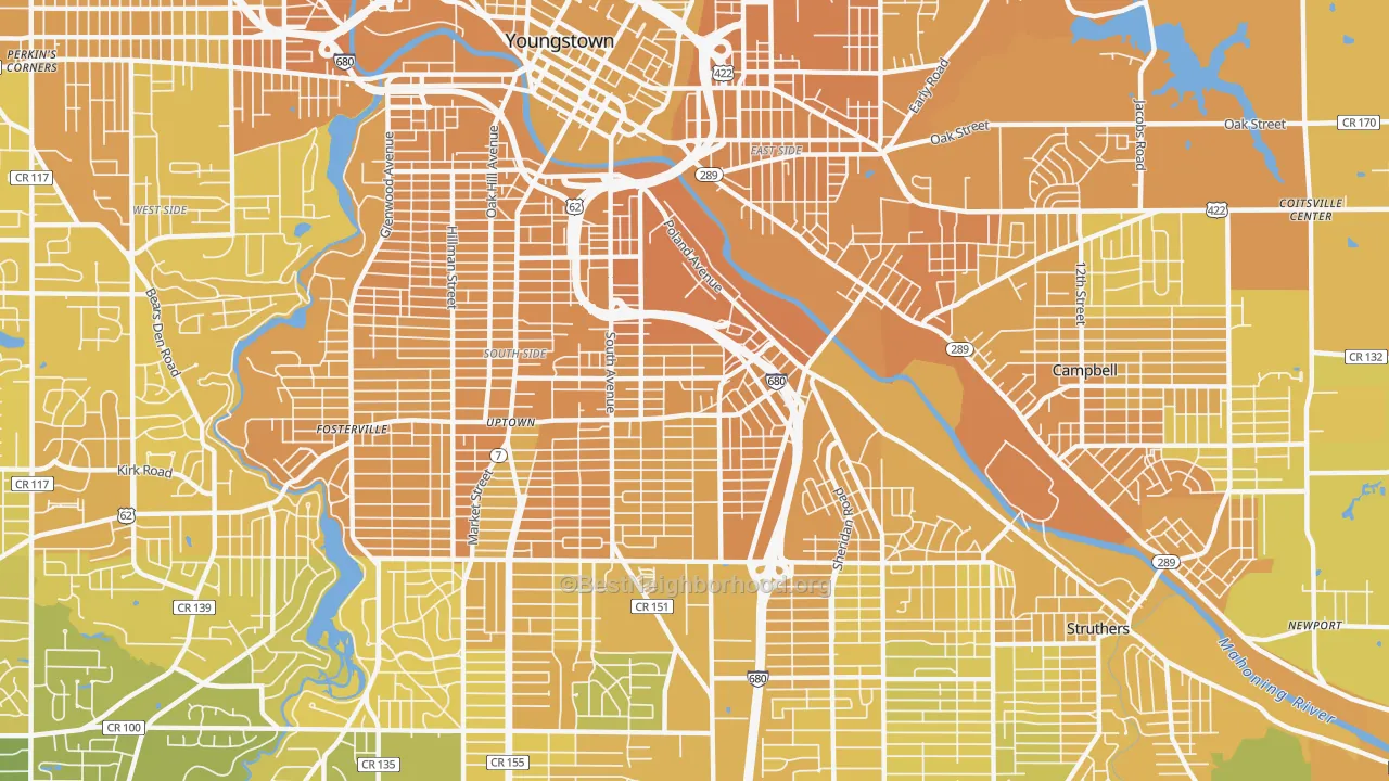 Map of the best neighborhoods in the 44502 area, with better matches in green and worse matches in red