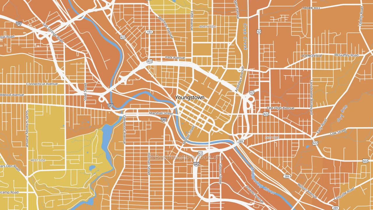 Map of the best neighborhoods in the 44503 area, with better matches in green and worse matches in red
