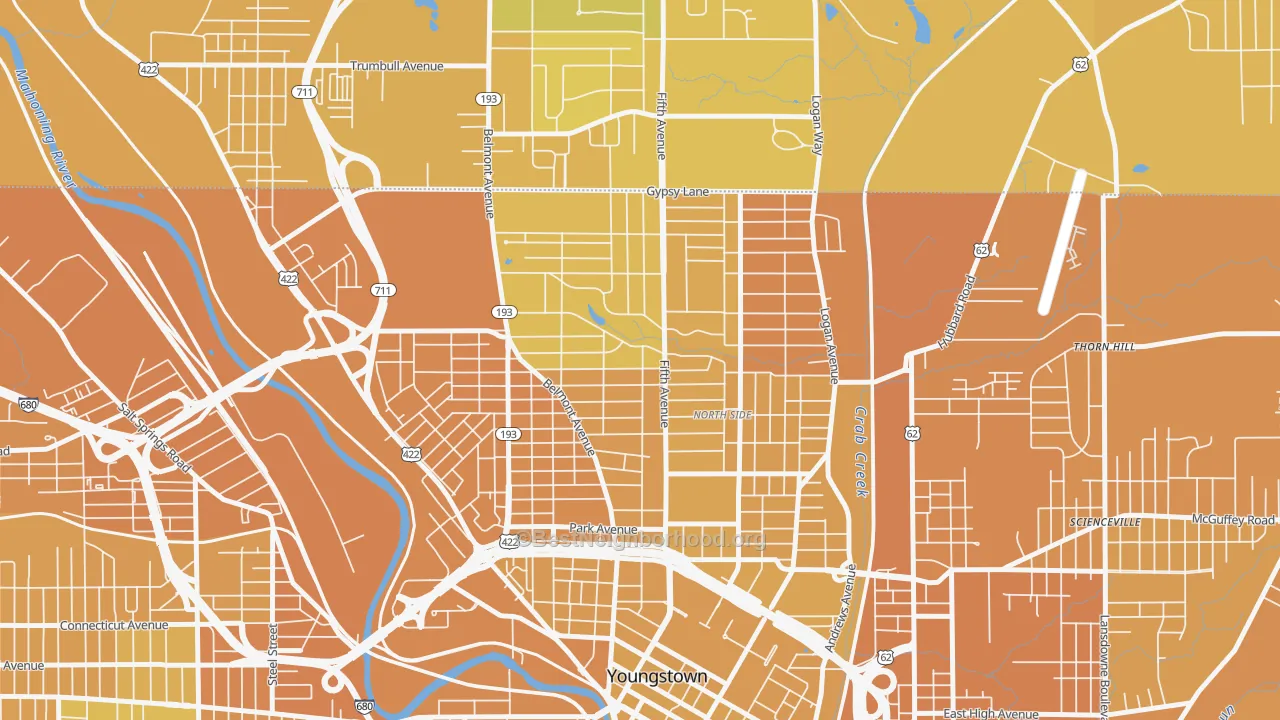 Map of the best neighborhoods in the 44504 area, with better matches in green and worse matches in red