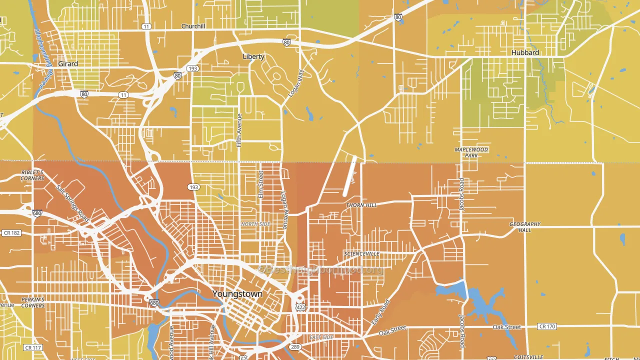 Map of the best neighborhoods in the 44505 area, with better matches in green and worse matches in red