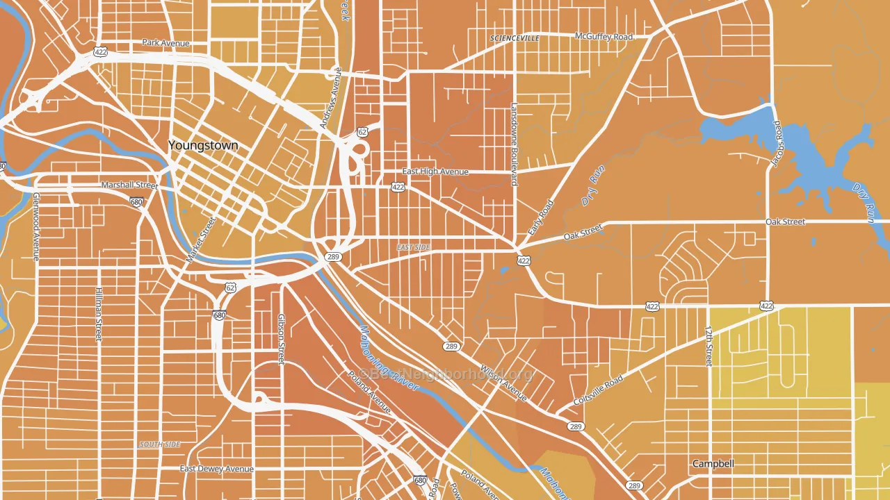 Map of the best neighborhoods in the 44506 area, with better matches in green and worse matches in red