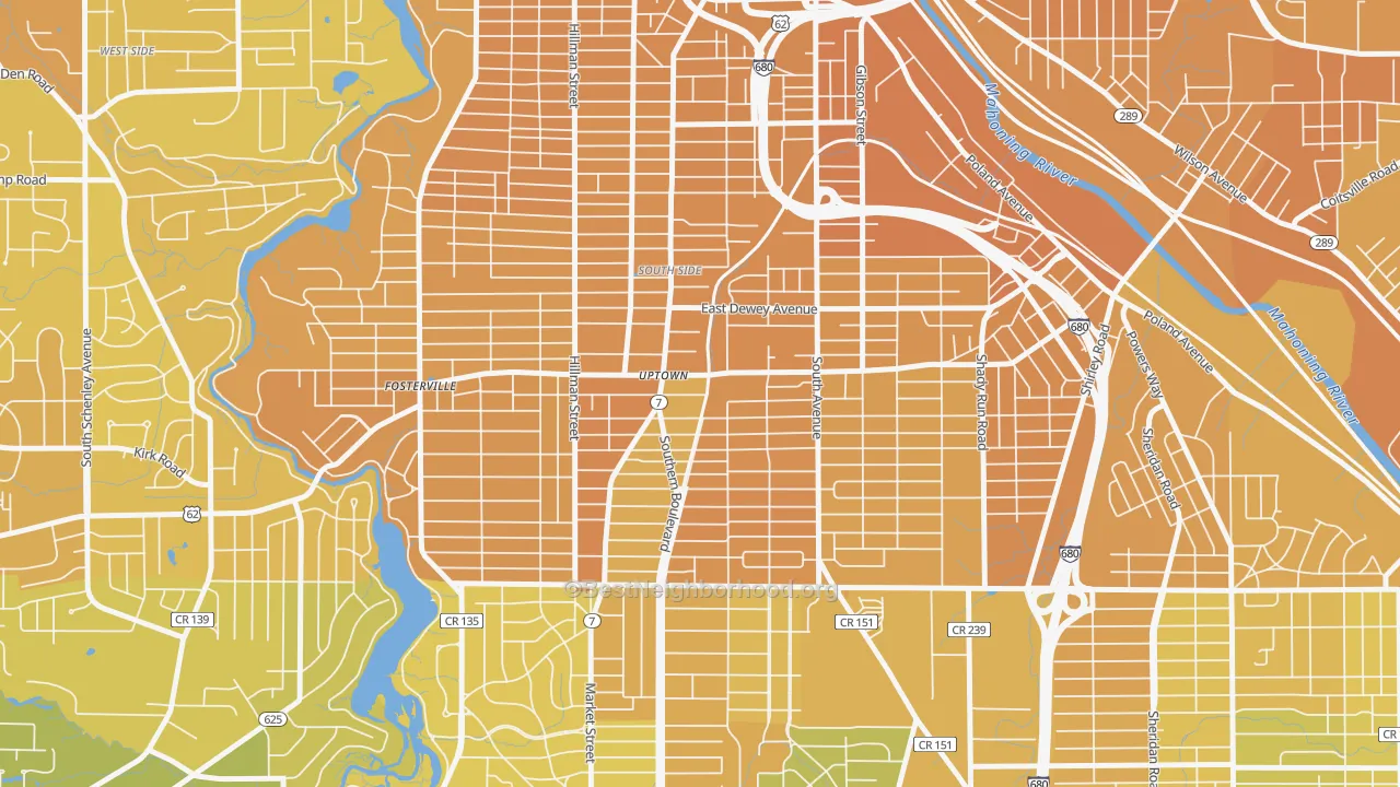 Map of the best neighborhoods in the 44507 area, with better matches in green and worse matches in red
