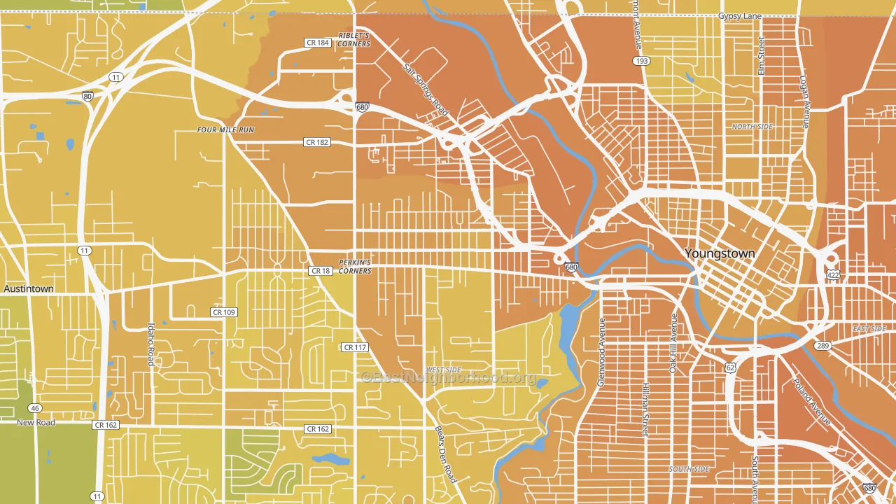 Map of the best neighborhoods in the 44509 area, with better matches in green and worse matches in red