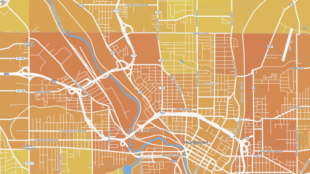 Map of the best neighborhoods in the 44510 area, with better matches in green and worse matches in red