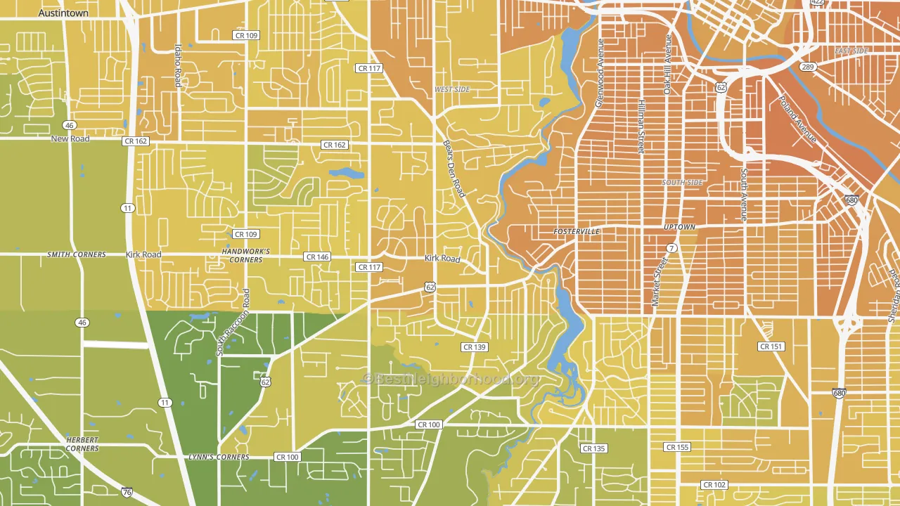 Map of the best neighborhoods in the 44511 area, with better matches in green and worse matches in red