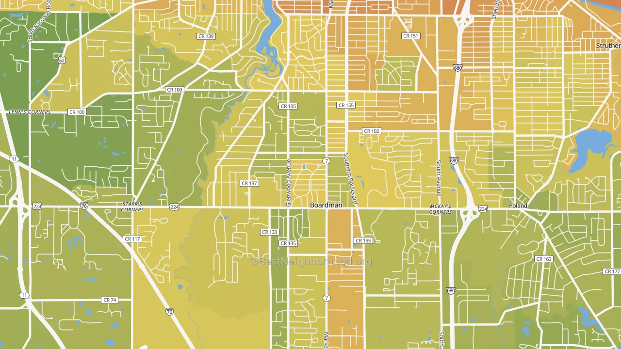 Map of the best neighborhoods in the 44512 area, with better matches in green and worse matches in red