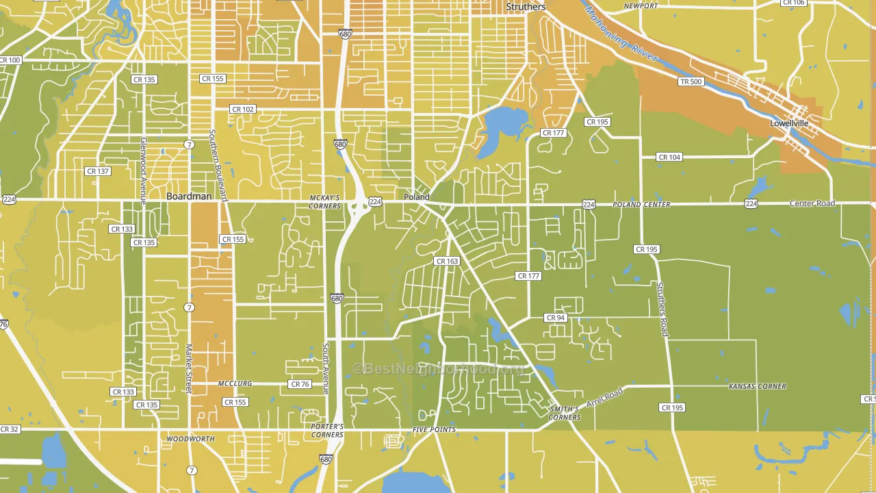 Map of the best neighborhoods in the 44514 area, with better matches in green and worse matches in red