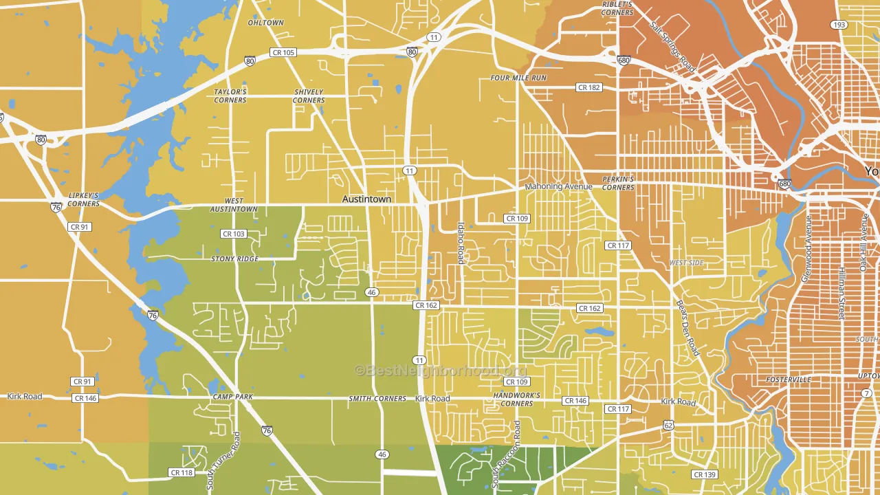 Map of the best neighborhoods in the 44515 area, with better matches in green and worse matches in red