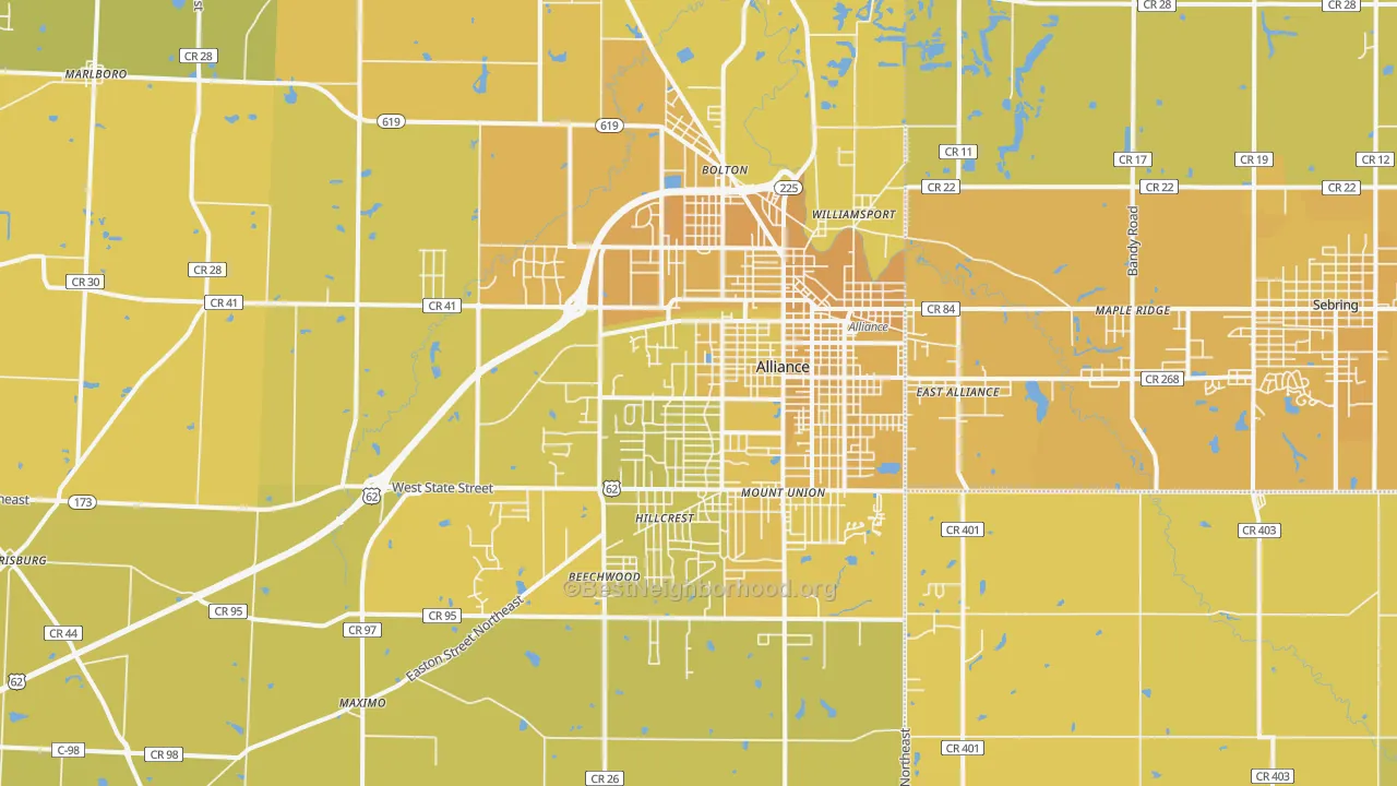 Map of the best neighborhoods in the 44601 area, with better matches in green and worse matches in red