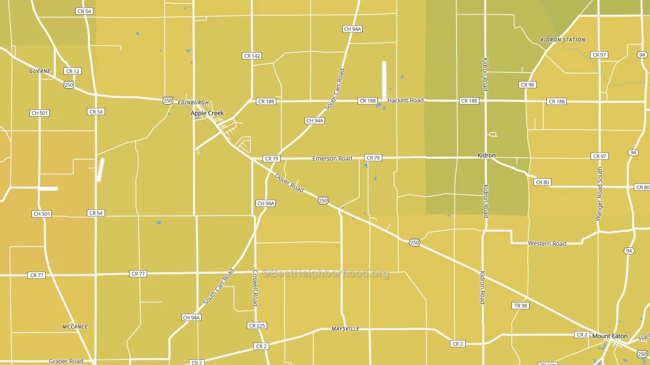 Map of the best neighborhoods in the 44606 area, with better matches in green and worse matches in red