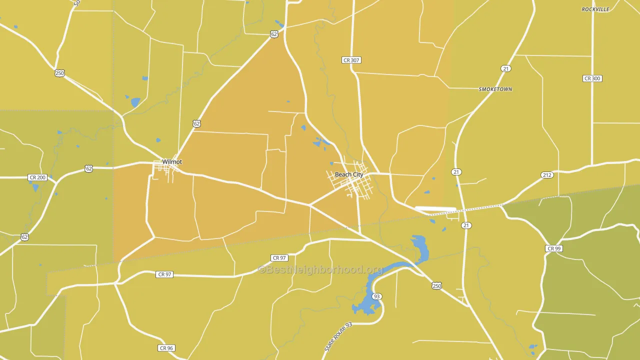 Map of the best neighborhoods in the 44608 area, with better matches in green and worse matches in red