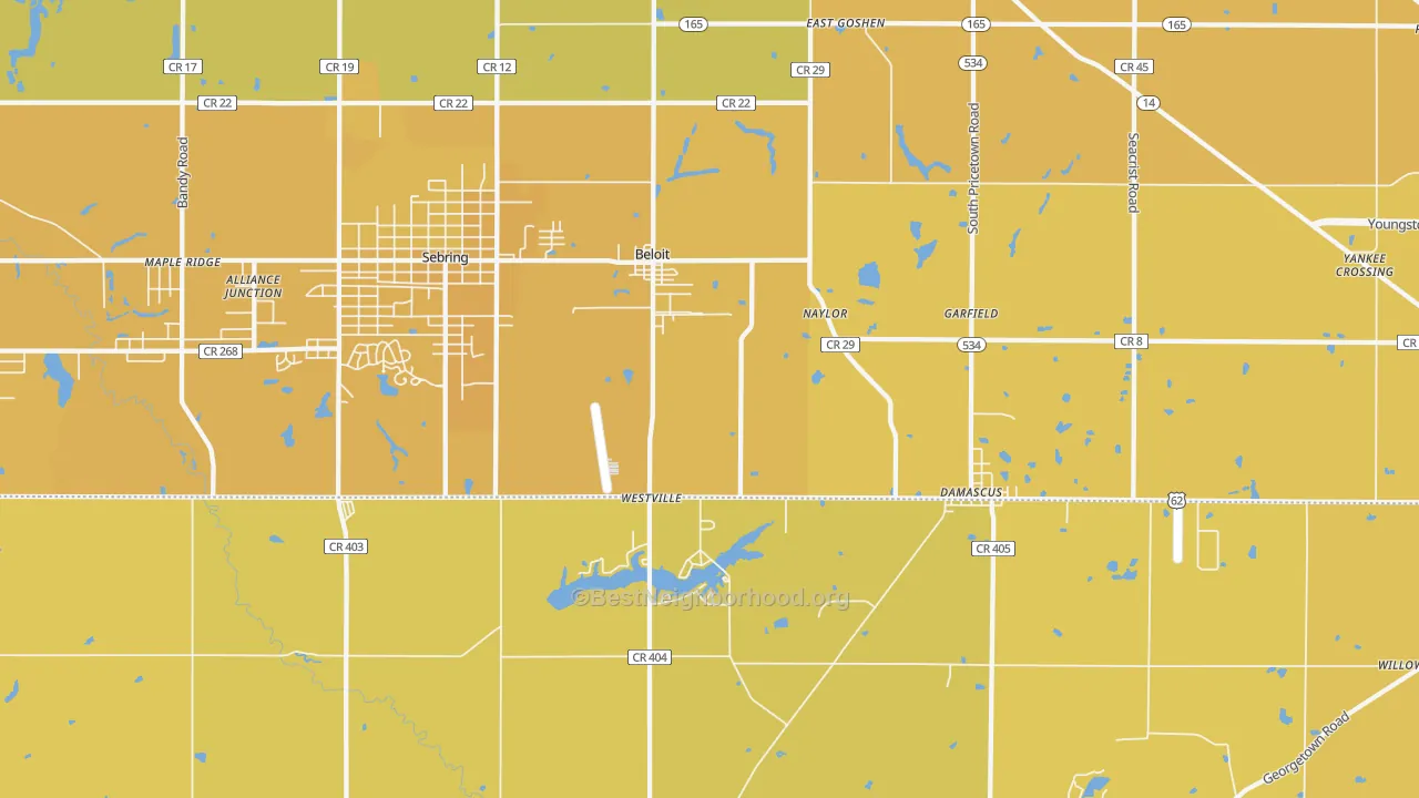 Map of the best neighborhoods in the 44609 area, with better matches in green and worse matches in red